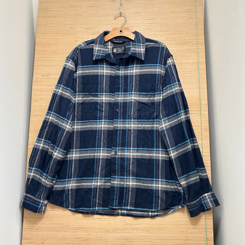 Carhartt Rugged Flex Plaid Button Down Shirt Mens Large Relaxed Fit Navy Blue